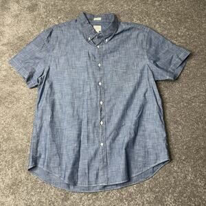 J Crew Shirt Mens XL Blue Chambray Button Up Short‎ Sleeve Cotton Slim Fit